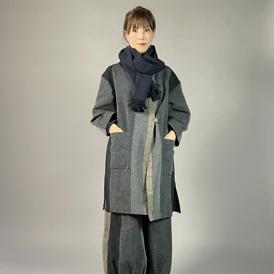 【遠州綿紬】ロングジャケット　あらし4列　黒の画像