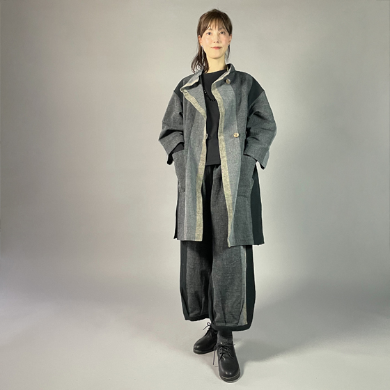 【遠州綿紬】ロングジャケット　あらし4列　黒の画像