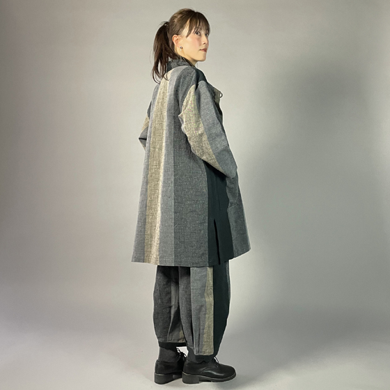 【遠州綿紬】ロングジャケット　あらし4列　黒の画像