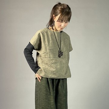 【遠州綿紬】ノーカラープルオーバー　黒鼠（くろねず）の画像