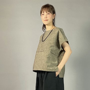 【遠州綿紬】ノーカラープルオーバー　黒鼠（くろねず）の画像