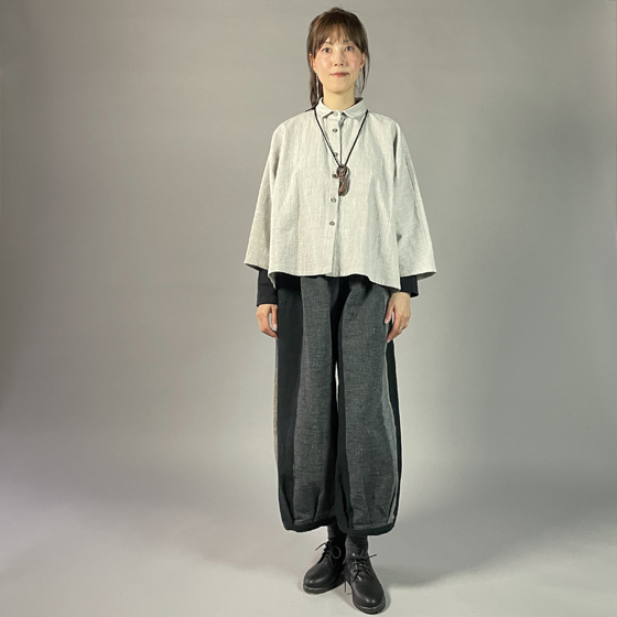 【遠州綿紬】ワイドタックパンツ　あらし4ー黒の画像