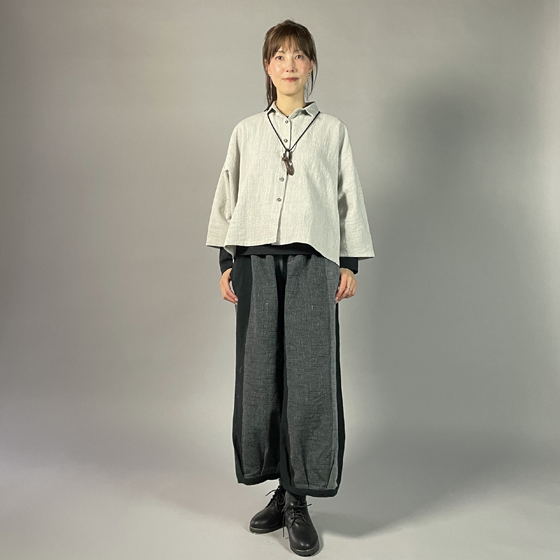 【遠州綿紬】ワイドタックパンツ　あらし4ー黒の画像