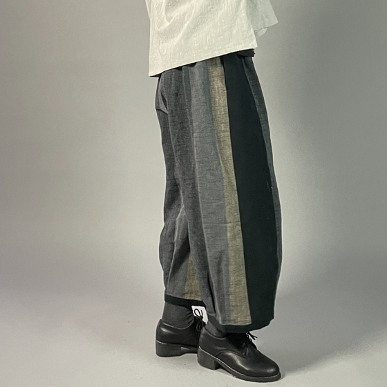 【遠州綿紬】ワイドタックパンツ　あらし4ー黒の画像