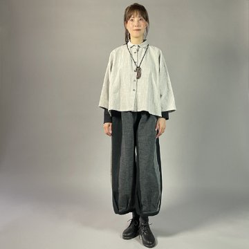 【遠州綿紬】ワイドタックパンツ　あらし4ー黒の画像