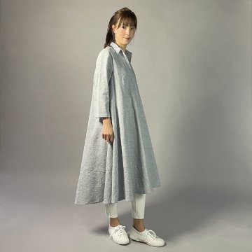 【亀田縞】シャツ襟フレアワンピース　七分袖　ワッシャーブルーグレーの画像