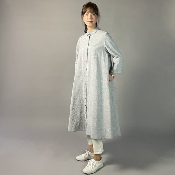 【亀田縞】シャツ襟フレアワンピース　七分袖　ワッシャーブルーグレーの画像