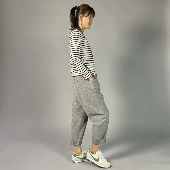 【亀田縞】横ポケットパンツ　畝織り　グレー縞の画像