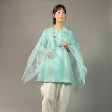新品 ミントグリーン 近江ちぢみ　トールサイズ 近江ちぢみ】ノーカラーチュニック ぼかし染め ミントグリーン