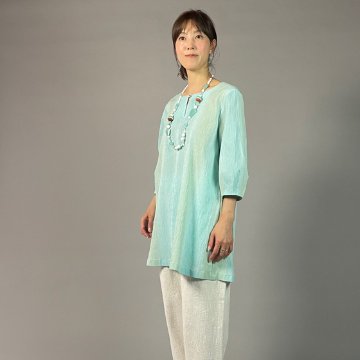 【近江ちぢみ】ノーカラーチュニック　ぼかし染め　ミントグリーン　の画像