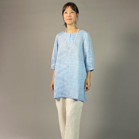 【近江ちぢみ】麻100％　ノーカラーチュニック　アイスブルーの画像