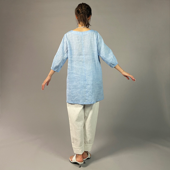 【近江ちぢみ】麻100％　ノーカラーチュニック　アイスブルーの画像