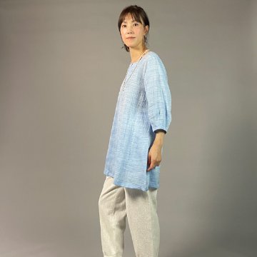 【近江ちぢみ】麻100％　ノーカラーチュニック　アイスブルーの画像