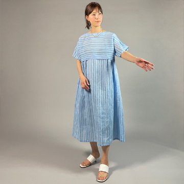 【近江ちぢみ】麻100％　半袖ワンピース　アイスブルーストライプの画像