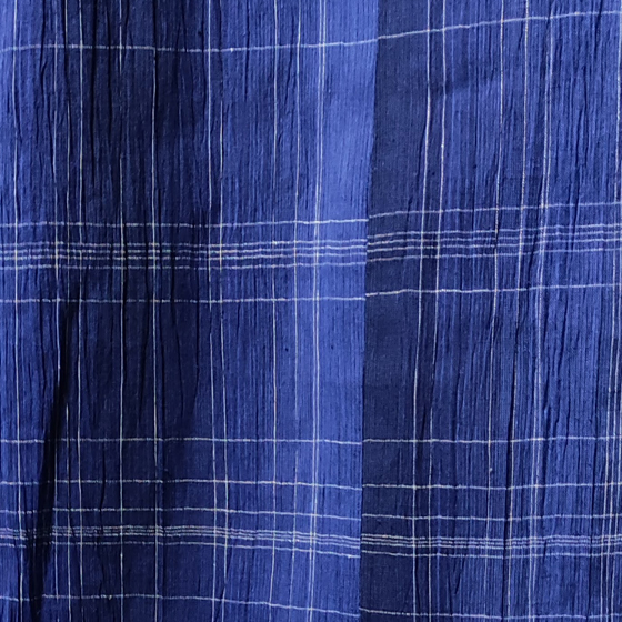 【近江ちぢみ】綿麻　切り替えワンピース　バルーン七分袖 青色格子の画像