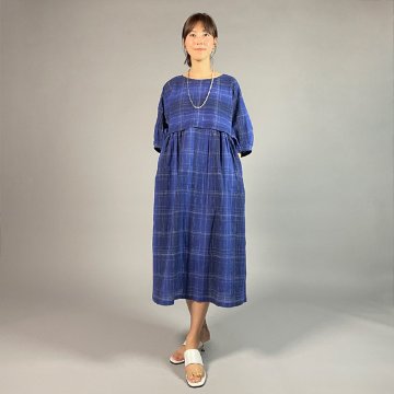 【近江ちぢみ】綿麻　切り替えワンピース　バルーン七分袖 青色格子の画像