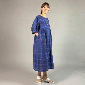 近江ちぢみ】綿麻 切り替えワンピース バルーン七分袖 青色格子