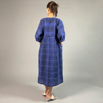【近江ちぢみ】綿麻　切り替えワンピース　バルーン七分袖 青色格子の画像