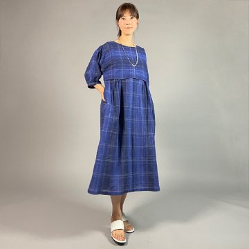 【近江ちぢみ】綿麻　切り替えワンピース　バルーン七分袖 青色格子の画像