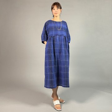 【近江ちぢみ】綿麻　切り替えワンピース　バルーン七分袖 青色格子の画像