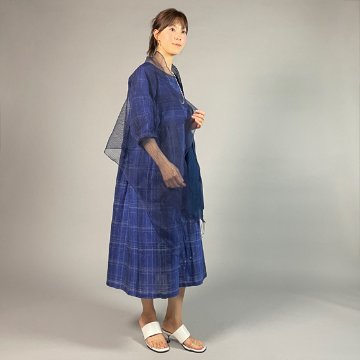 【近江ちぢみ】綿麻　切り替えワンピース　バルーン七分袖 青色格子の画像