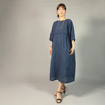 【近江ちぢみ】麻100％　切り替えワンピース　紺　細格子の画像