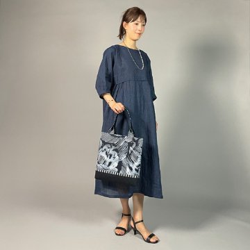 【近江ちぢみ】麻100％　切り替えワンピース　紺　細格子の画像
