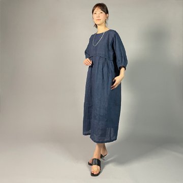 【近江ちぢみ】麻100％　切り替えワンピース　紺　細格子の画像