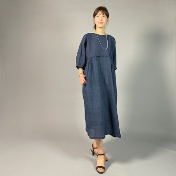 【近江ちぢみ】麻100％　切り替えワンピース　紺　細格子の画像