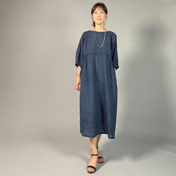 【近江ちぢみ】麻100％　切り替えワンピース　紺　細格子の画像