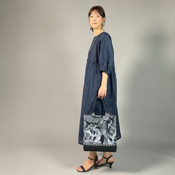 近江ちぢみ】麻100％ 切り替えワンピース 紺 細格子｜工房 徳元