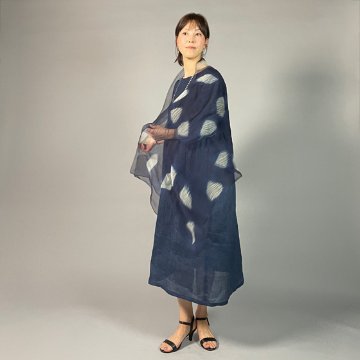 ワンピース　近江ちぢみ 近江ちぢみ】麻100％ 切り替えワンピース 紺 細格子｜工房 徳元