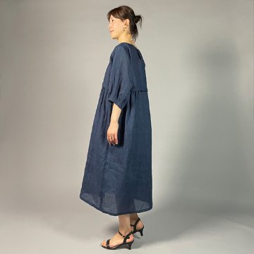 【近江ちぢみ】麻100％　切り替えワンピース　紺　細格子の画像