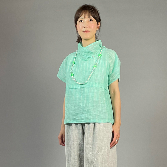【近江ちぢみ】麻100％　フレンチ袖　重ね衿プルオーバー　ミントグリーンの画像