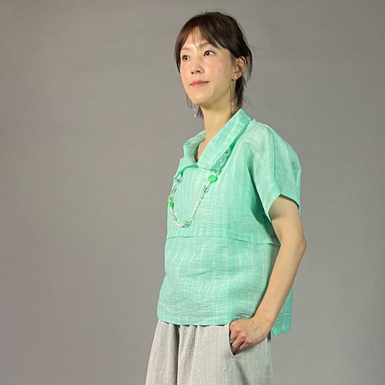 【近江ちぢみ】麻100％　フレンチ袖　重ね衿プルオーバー　ミントグリーンの画像