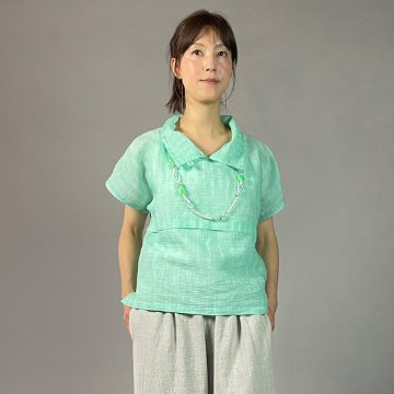 【近江ちぢみ】麻100％　フレンチ袖　重ね衿プルオーバー　ミントグリーンの画像