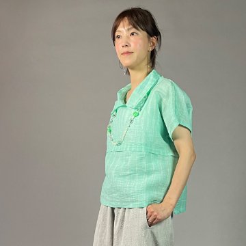 【近江ちぢみ】麻100％　フレンチ袖　重ね衿プルオーバー　ミントグリーンの画像