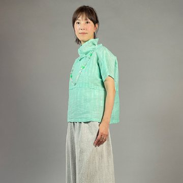 【近江ちぢみ】麻100％　フレンチ袖　重ね衿プルオーバー　ミントグリーンの画像