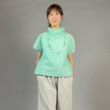 【近江ちぢみ】麻100％　フレンチ袖　重ね衿プルオーバー　ミントグリーンの画像
