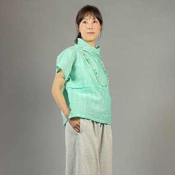 【近江ちぢみ】麻100％　フレンチ袖　重ね衿プルオーバー　ミントグリーンの画像