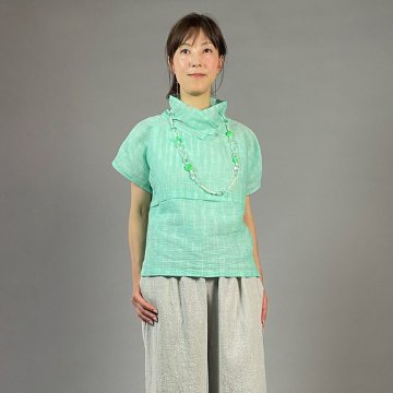 【近江ちぢみ】麻100％　フレンチ袖　重ね衿プルオーバー　ミントグリーンの画像