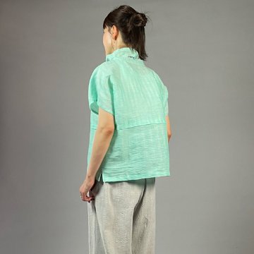 【近江ちぢみ】麻100％　フレンチ袖　重ね衿プルオーバー　ミントグリーンの画像