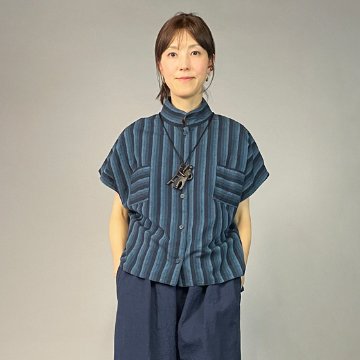 【遠州綿紬】フレンチ袖　前開きブラウス　細かつお縞の画像