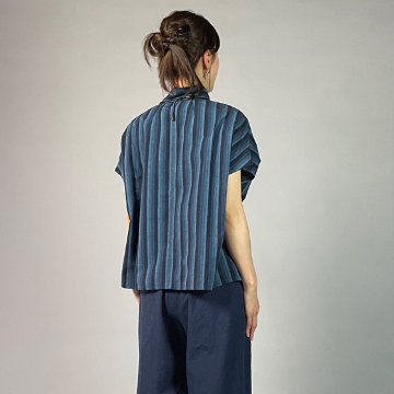 【遠州綿紬】フレンチ袖　前開きブラウス　細かつお縞の画像