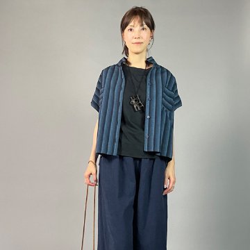 【遠州綿紬】フレンチ袖　前開きブラウス　細かつお縞の画像