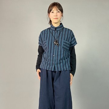 【遠州綿紬】フレンチ袖　前開きブラウス　細かつお縞の画像