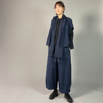 【亀田縞】ワイドタックパンツ　ワッシャー　紺無地の画像
