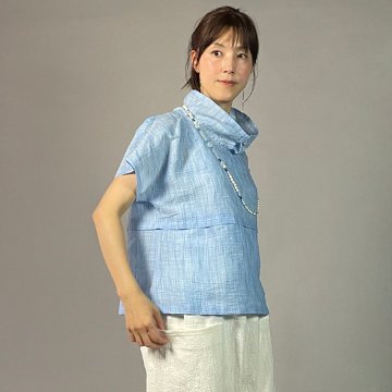 【近江ちぢみ】麻100% フレンチ袖 重ね衿　プルオーバー アイスブルーの画像