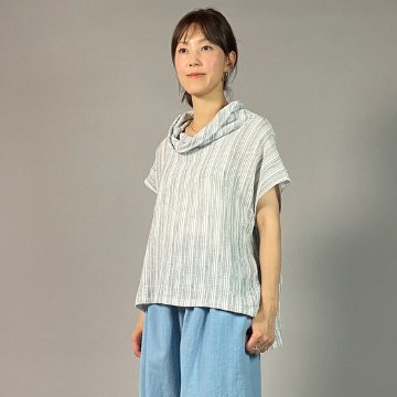 【備後絣】藍染め　オフタートルフレンチブラウス　文人絣　白の画像