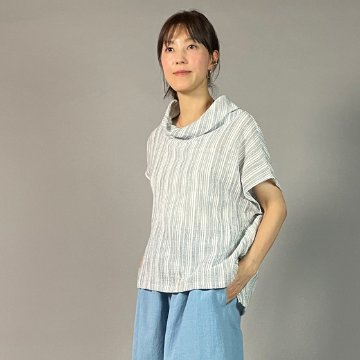 【備後絣】藍染め　オフタートルフレンチブラウス　文人絣　白の画像